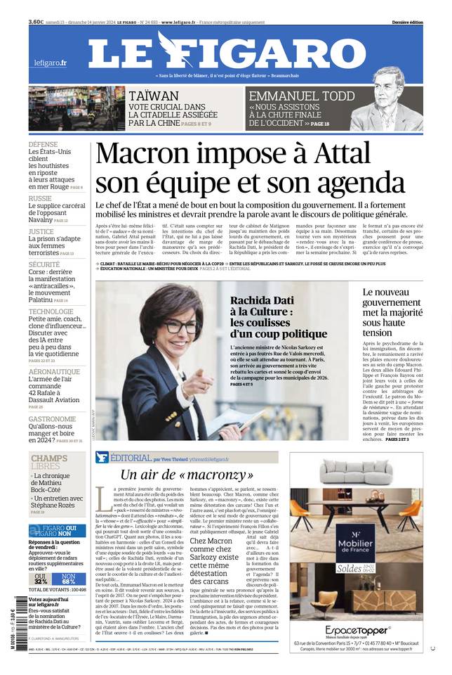 Le Figaro Une du 13 janvier 2024