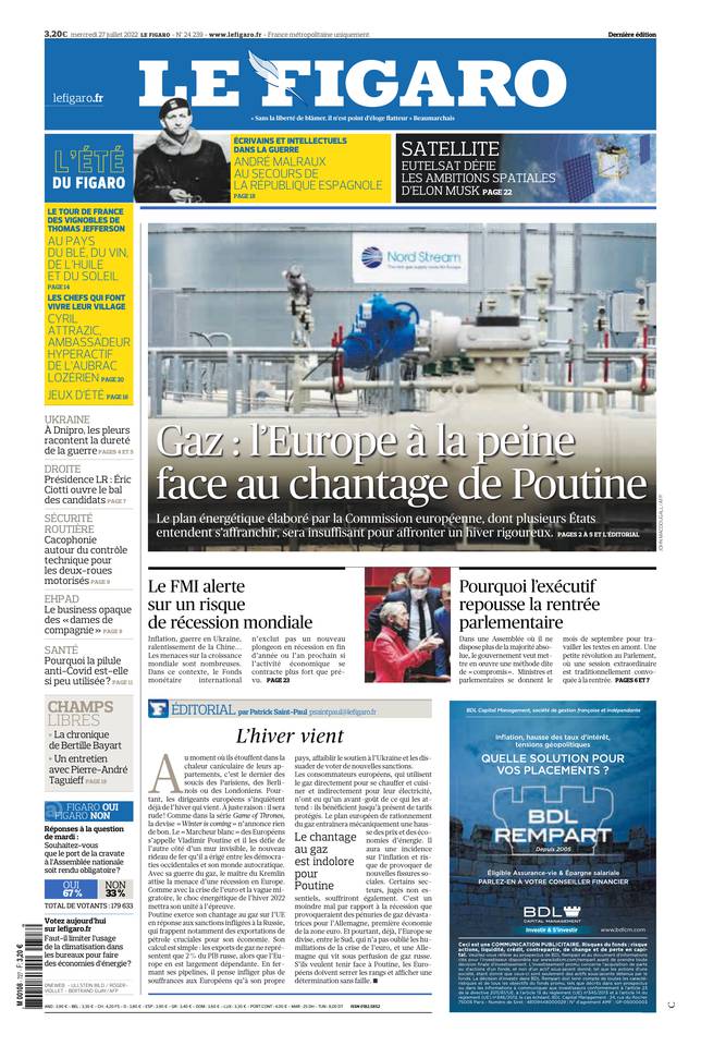 Le Figaro Une du 27 juillet 2022