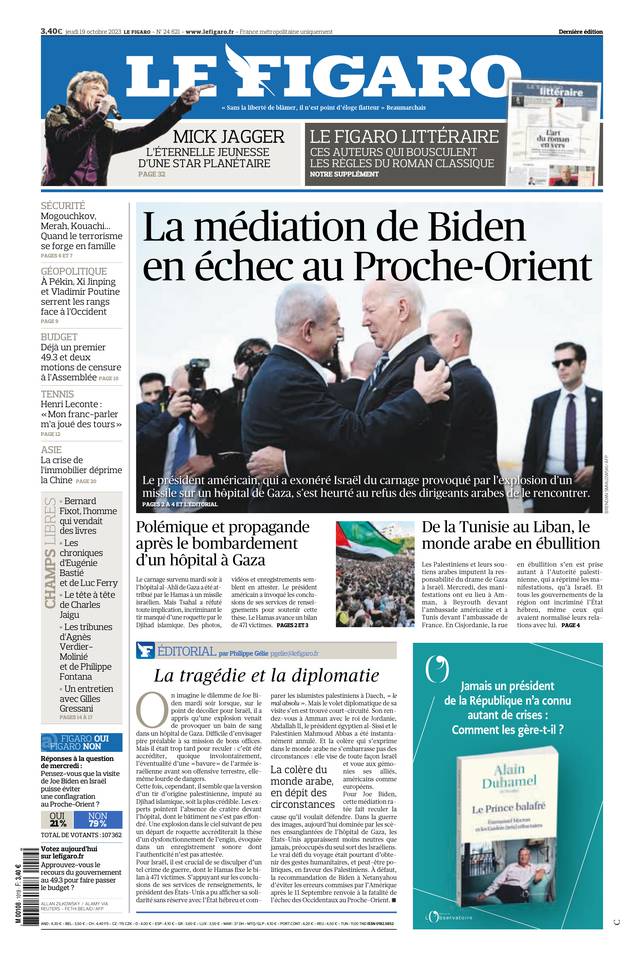 Le Figaro Une du 19 octobre 2023