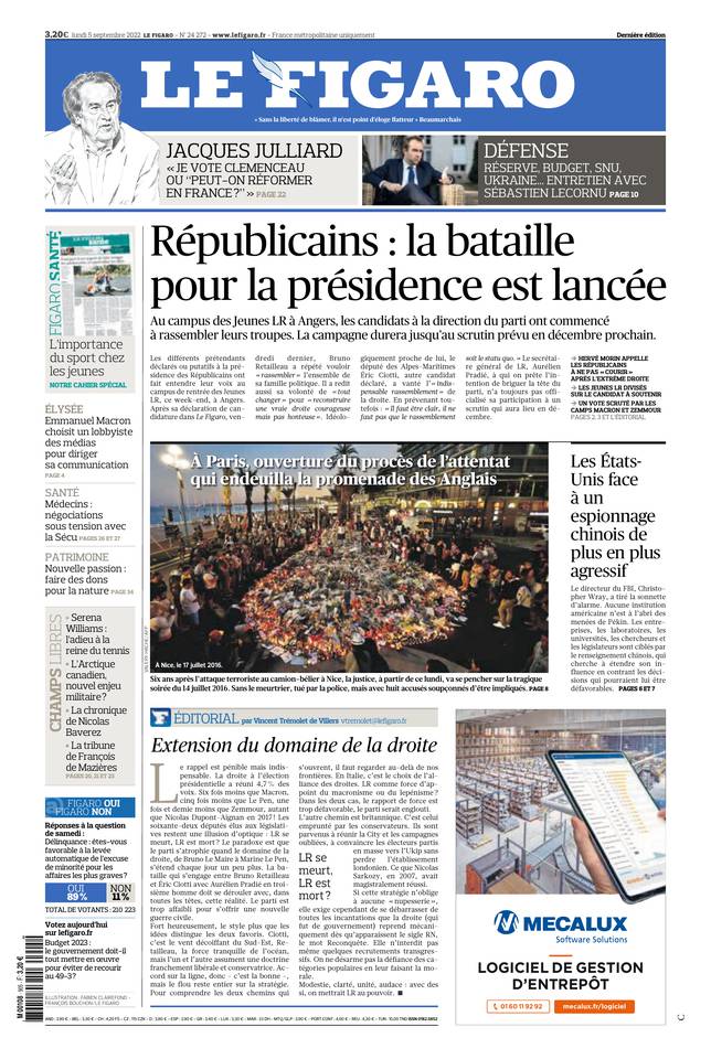 Le Figaro Une du 5 septembre 2022