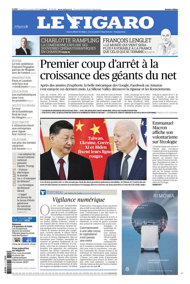Le Figaro Une du 15 novembre 2022