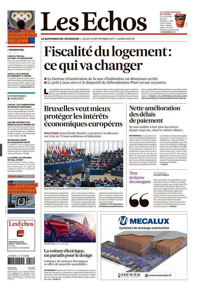 Les Echos 14 septembre 2017 Les Echos du 14 septembre 2017 à télécharger sur iPad