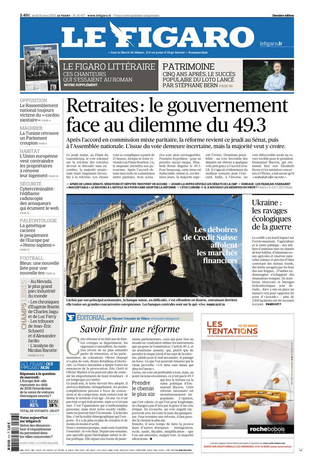 Le Figaro Une du 16 mars 2023