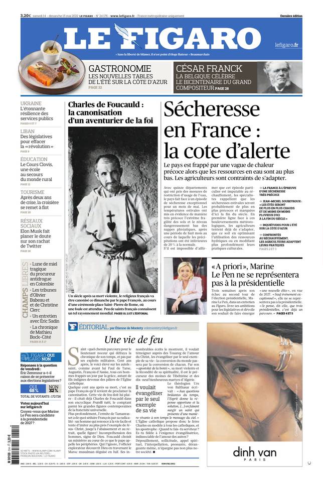Le Figaro Une du 14 mai 2022