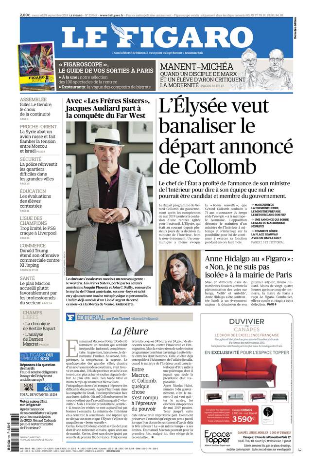 Le Figaro 19 septembre 2018 Le Figaro du 19 septembre 2018 à télécharger sur iPad