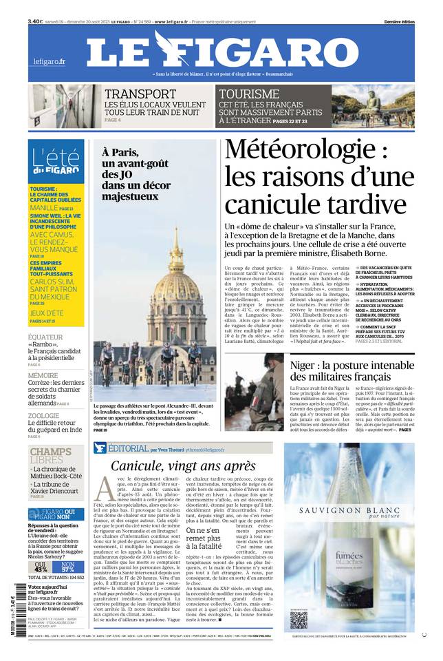 Le Figaro Une du 19 août 2023