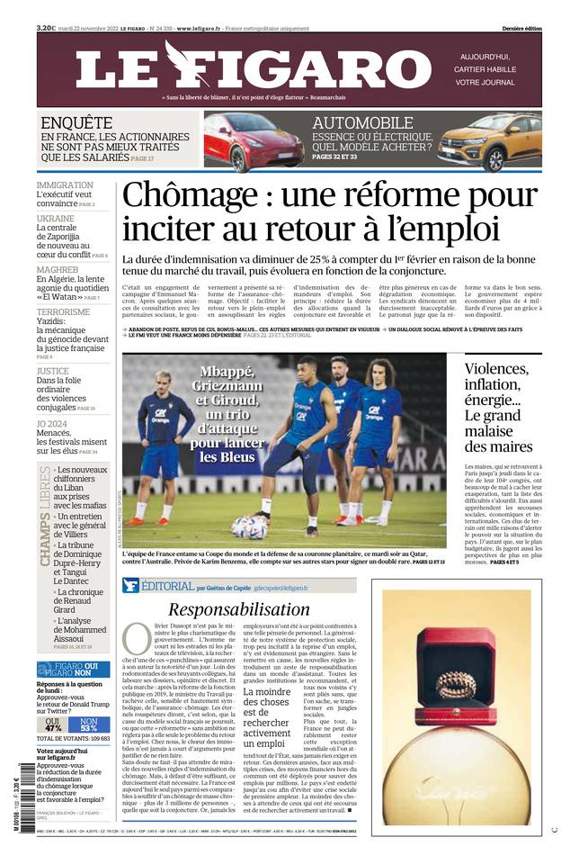 Le Figaro Une du 22 novembre 2022