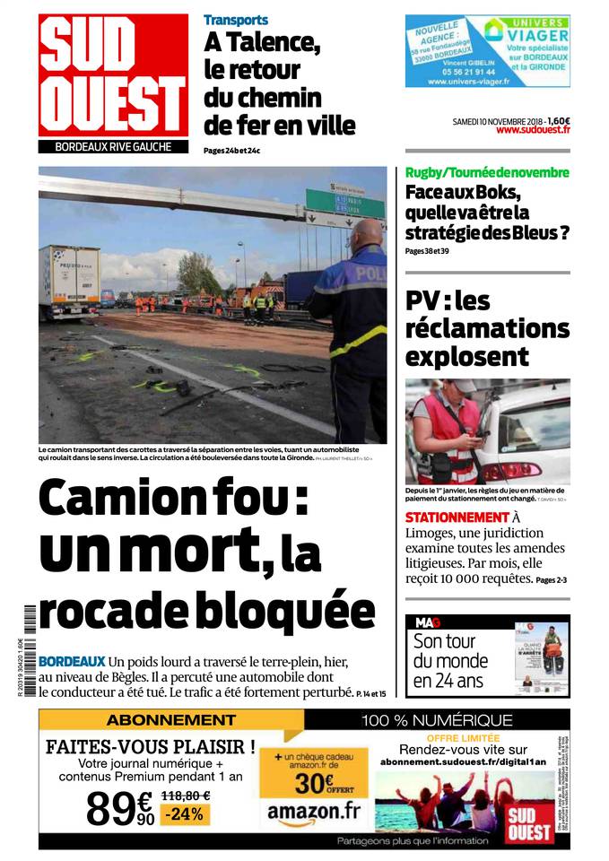 Sud Ouest 10 novembre 2018 Sud Ouest du 10 novembre 2018 à télécharger sur iPad