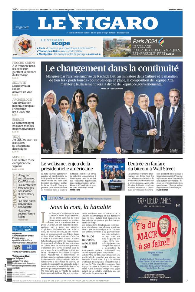 Le Figaro Une du 12 janvier 2024