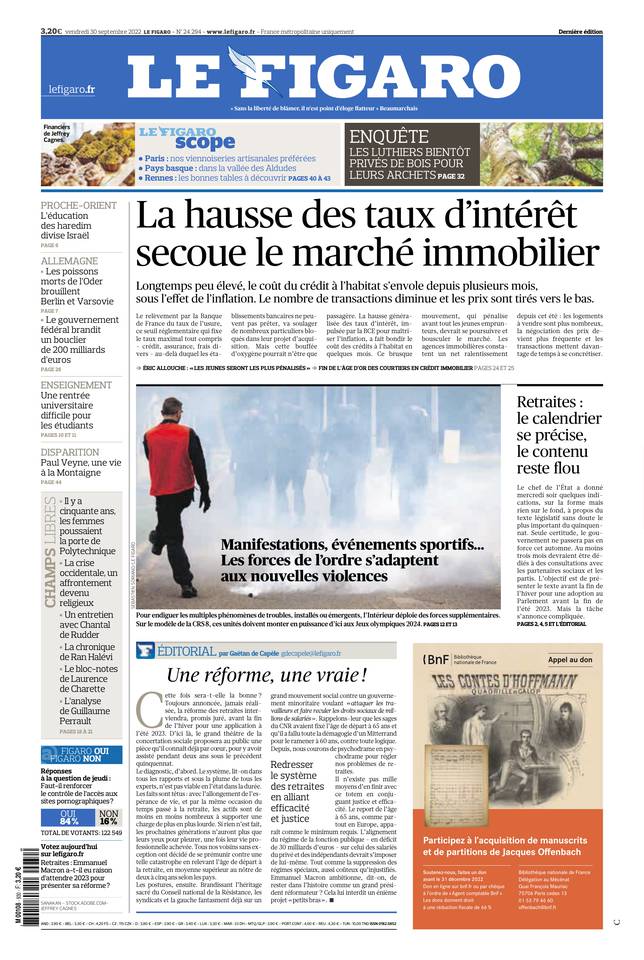 Le Figaro Une du 30 septembre 2022