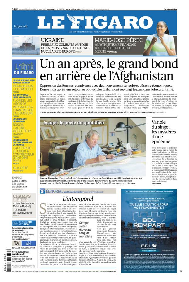 Le Figaro Une du 13 août 2022