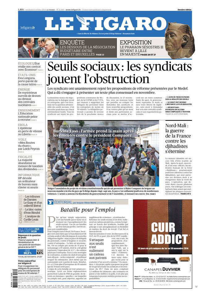 Le Figaro 31 octobre 2014 Le Figaro du 31 octobre 2014 à télécharger sur iPad