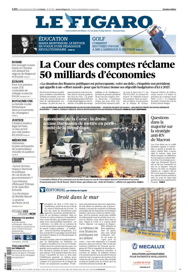 Le Figaro Une du 13 mars 2024