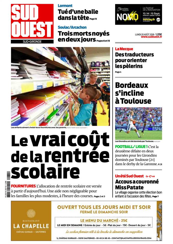 Sud Ouest 20 août 2018 Abonnement Sud Ouest Pas Cher avec BOUQUET INFO ePresse.fr