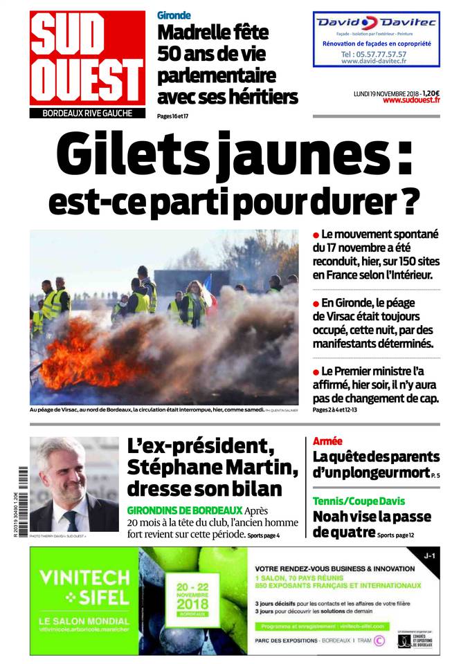 Sud Ouest 19 novembre 2018 Sud Ouest du 19 novembre 2018 à télécharger sur iPad