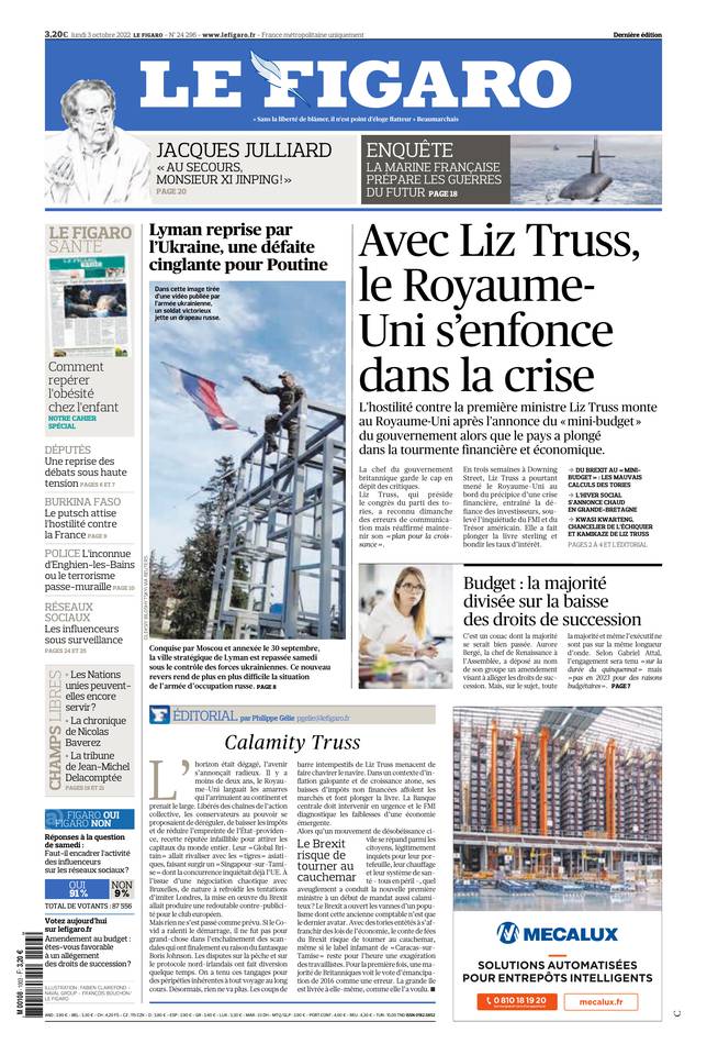 Le Figaro Une du 3 octobre 2022