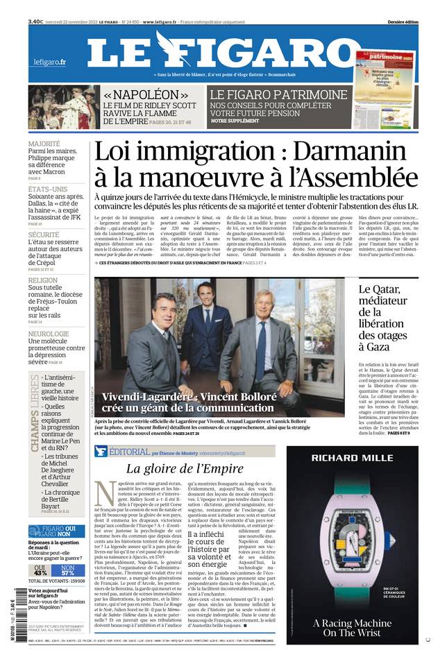 Le Figaro Une du 22 novembre 2023