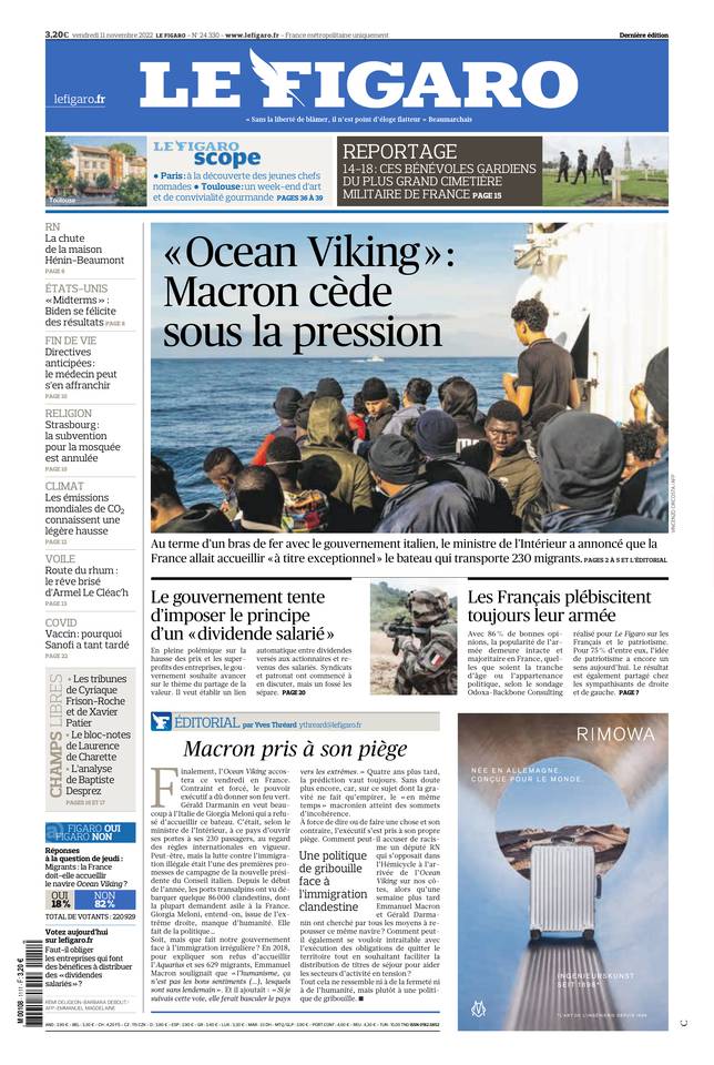 Le Figaro Une du 11 novembre 2022