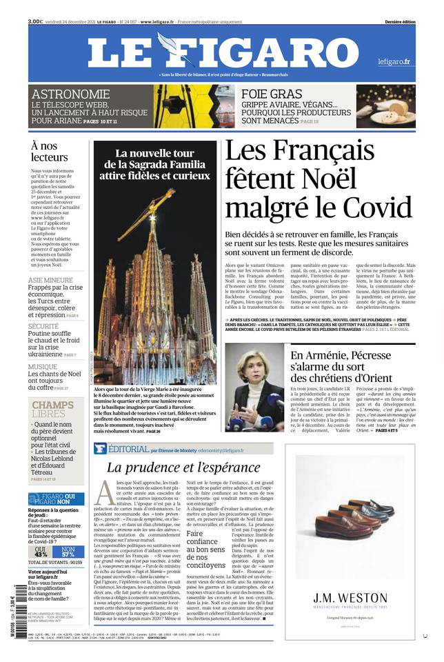 Le Figaro Une du 24 décembre 2021