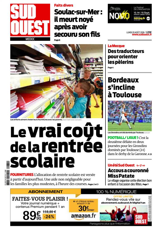 Sud Ouest 20 août 2018 Abonnement Sud Ouest Pas Cher avec BOUQUET INFO ePresse.fr