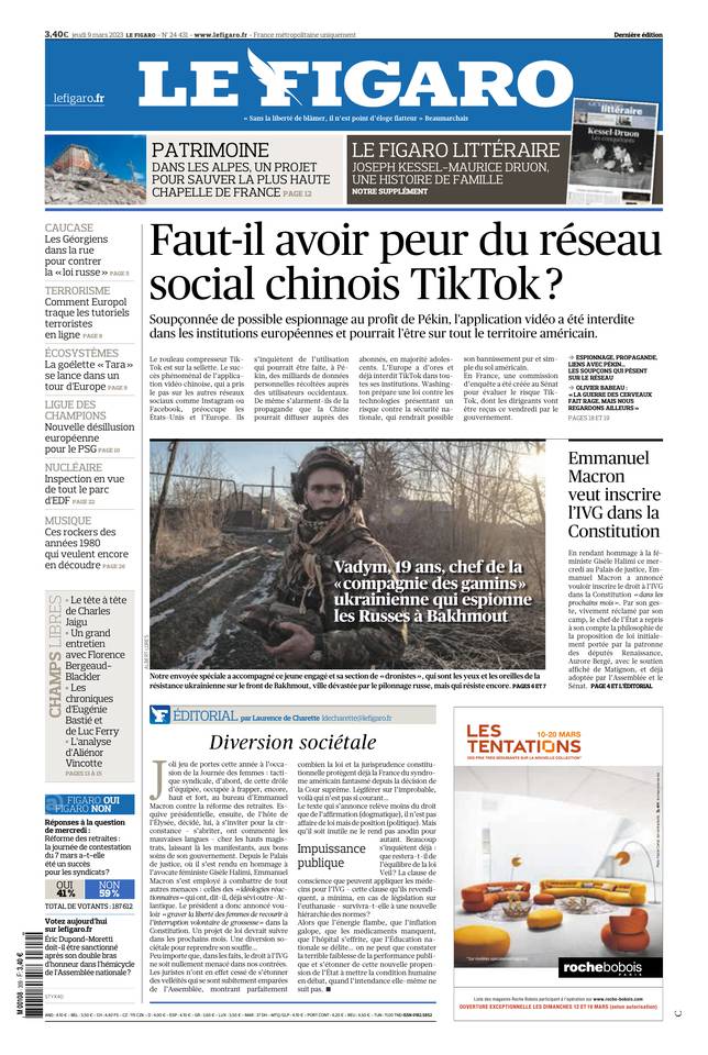 Le Figaro Une du 9 mars 2023