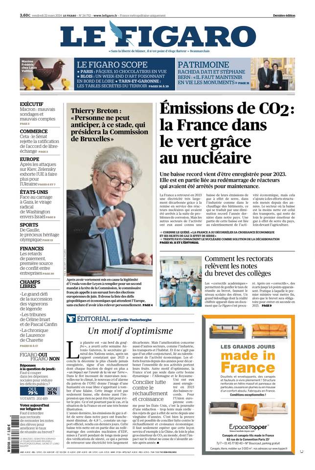 Le Figaro Une du 22 mars 2024